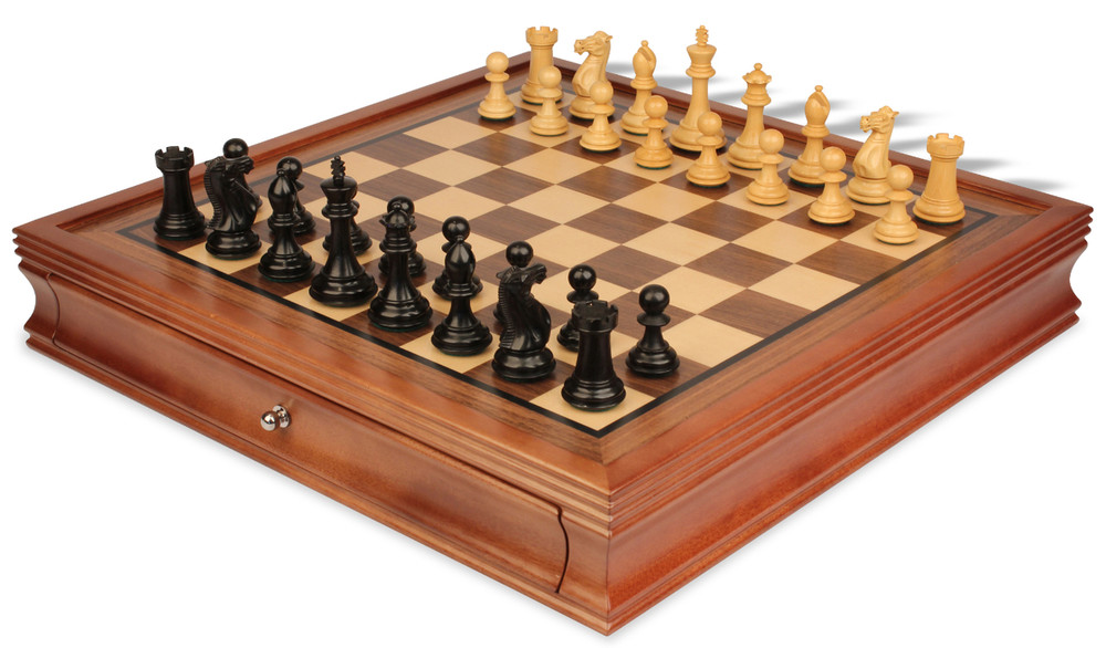New Exclusive Staunton Chess Set - Ebonized & Boxwood Pieces - Walnut Two-Drawer Chess Case - 3" King